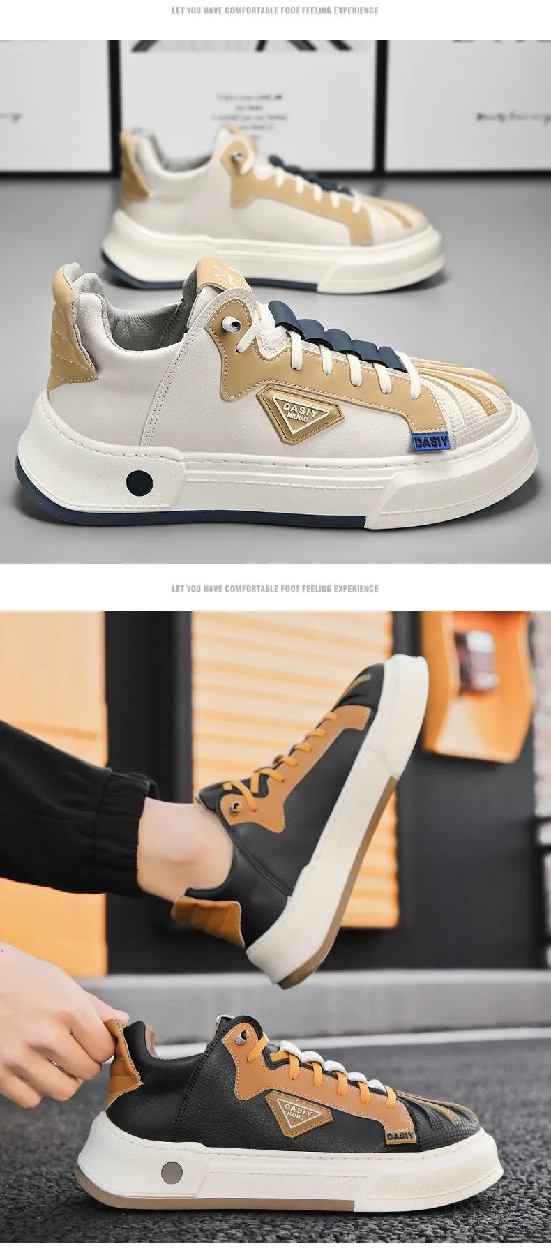 Men's beige low-top sneakers with elastic band and leather stitching on microfiber upper.