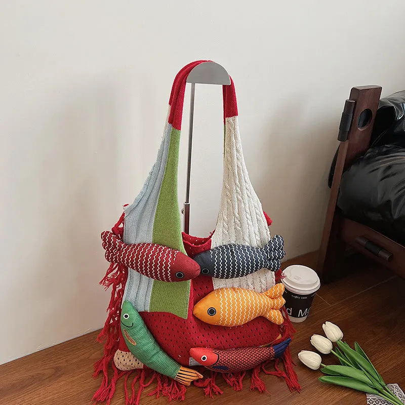 Women's soft cotton large capacity shoulder bag with tassel in khaki