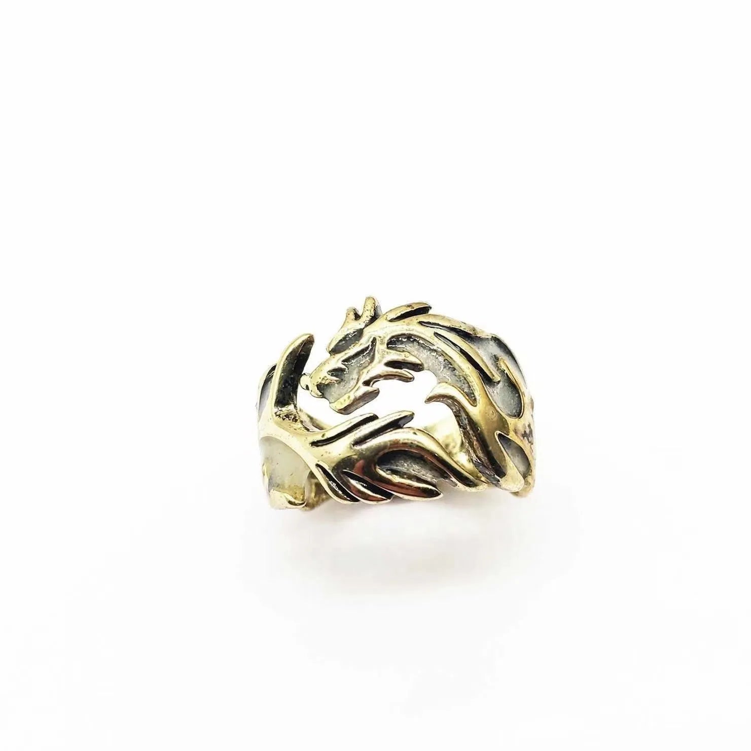 Adjustable metal ring with a luminous Chinese dragon pattern in antique silver blue and green.