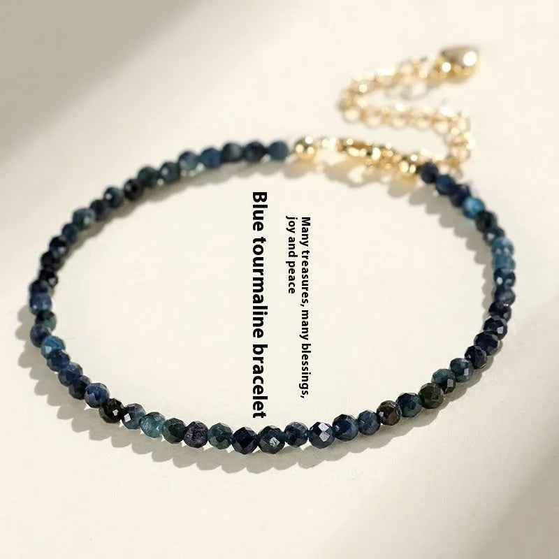 Blue tourmaline bracelet with 3mm beads and spacer design for women
