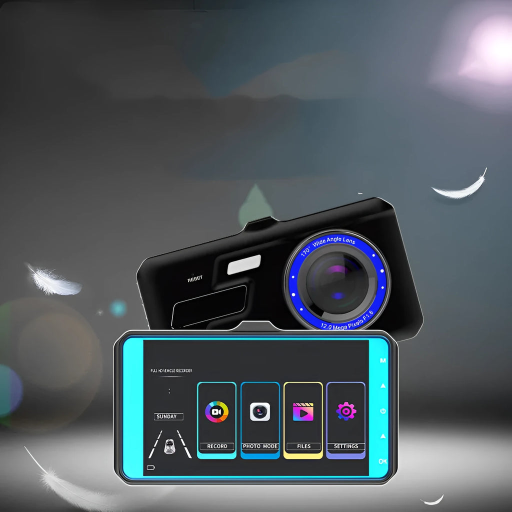 Black touch screen car recorder with front and rear cameras showing 4 inch display
