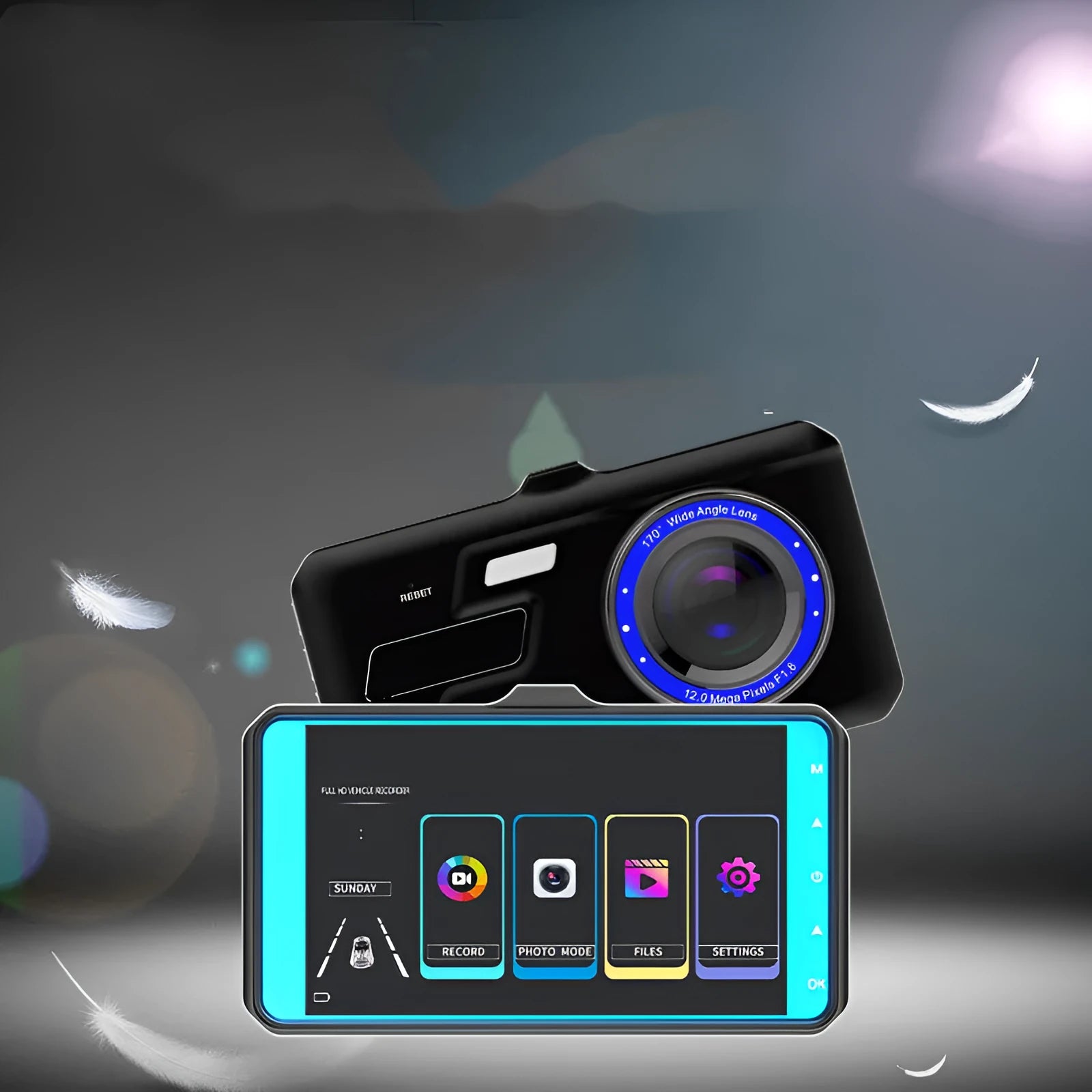 Black touch screen car recorder with front and rear cameras showing 4 inch display