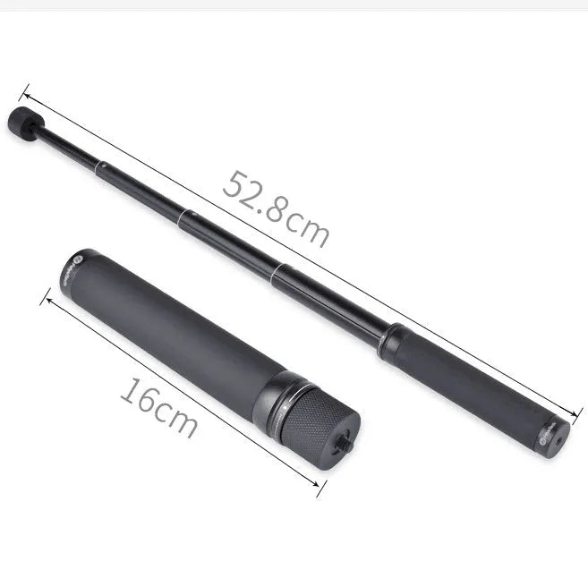 Retractable aluminium selfie stick extended to 1 metre with phone attached and Bluetooth remote in hand