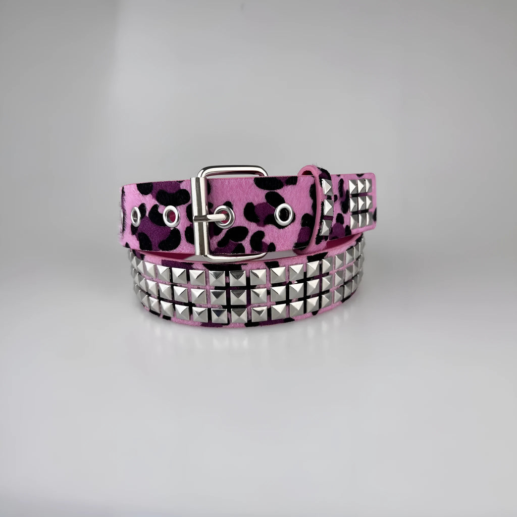 Brown leopard print women's punk belt with silver metal rivets and an alloy pin buckle.
