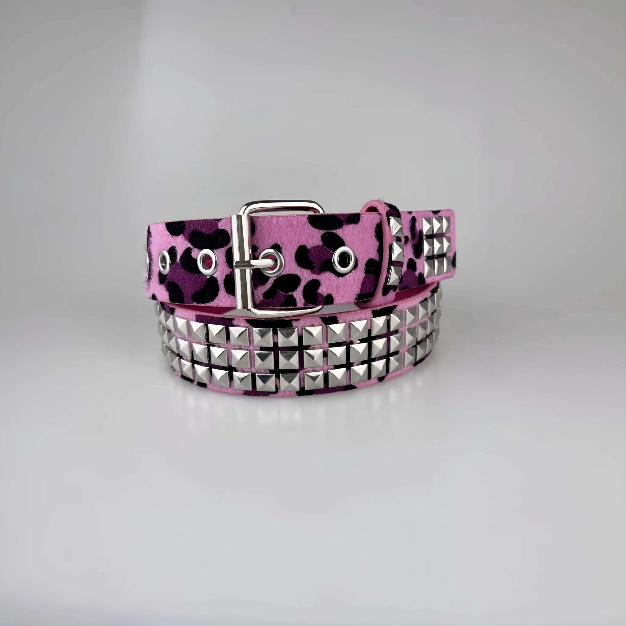 Brown leopard print women's punk belt with silver metal rivets and an alloy pin buckle.