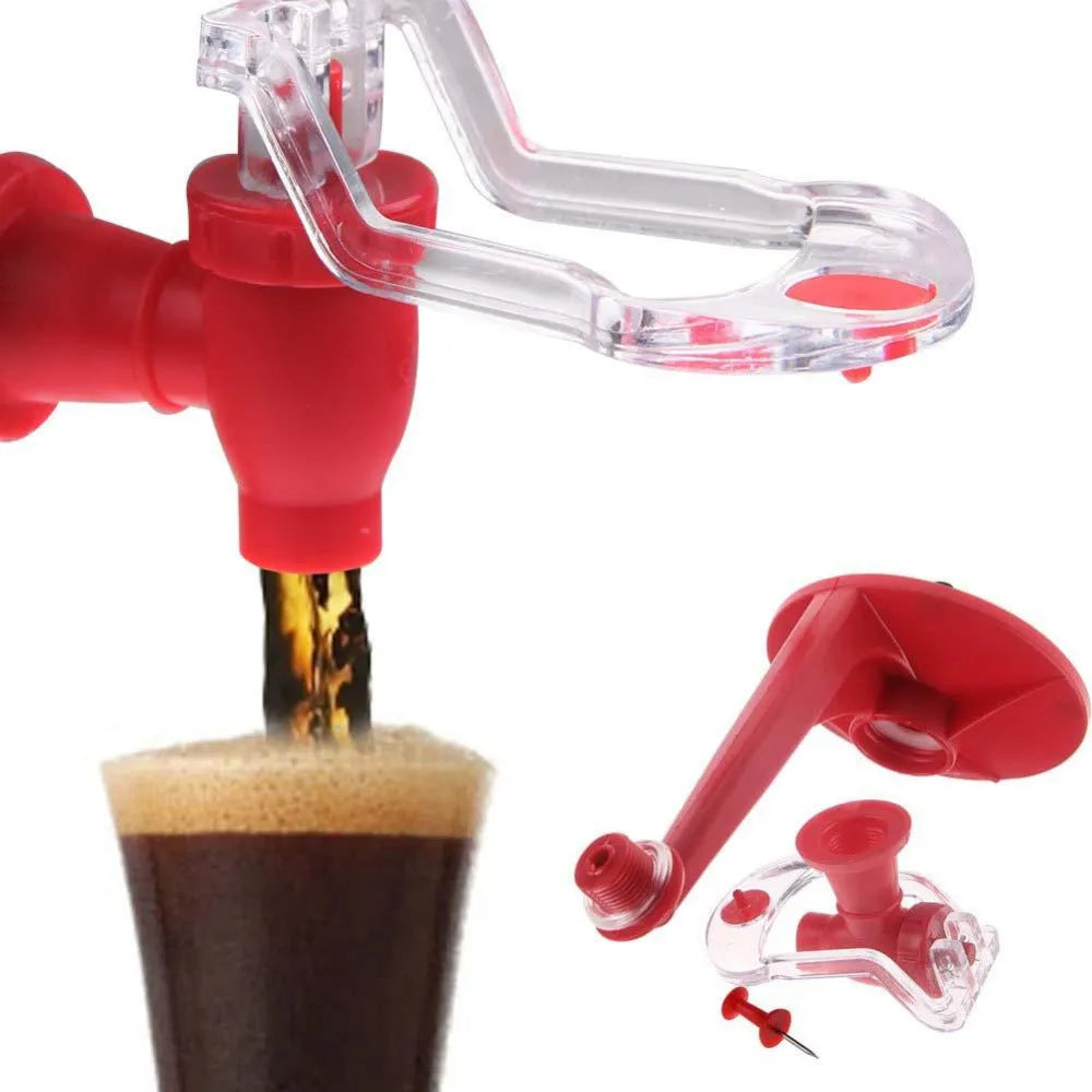 Red Magic Tap soda dispenser attached to inverted 2-litre bottle for push-button drink serving