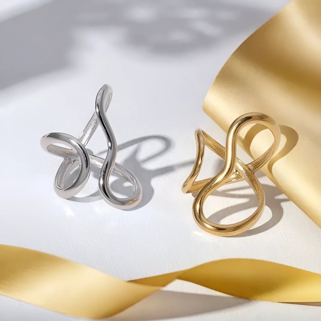 Minimalist irregular line open ring for women, zinc alloy, gold and silver electroplated finish, log-edge geometric style