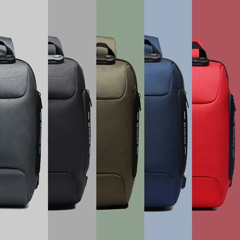 Multifunctional anti-theft waterproof shoulder bag in Oxford cloth, square section shape, available in multiple colours including black and dark blue.