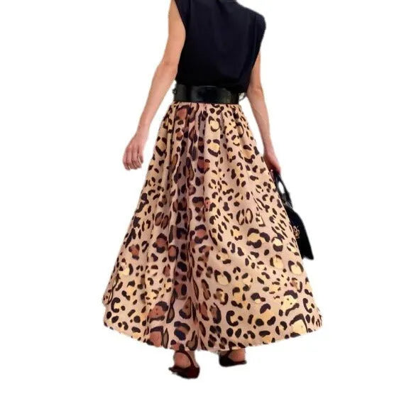 Brown leopard print women's A-line long skirt with big hem detail