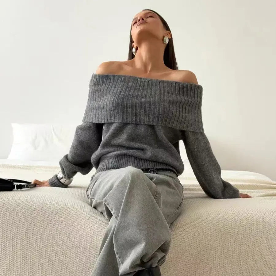 Off-the-shoulder women's sweater with 3D pattern in grey, white, or wine red colour options