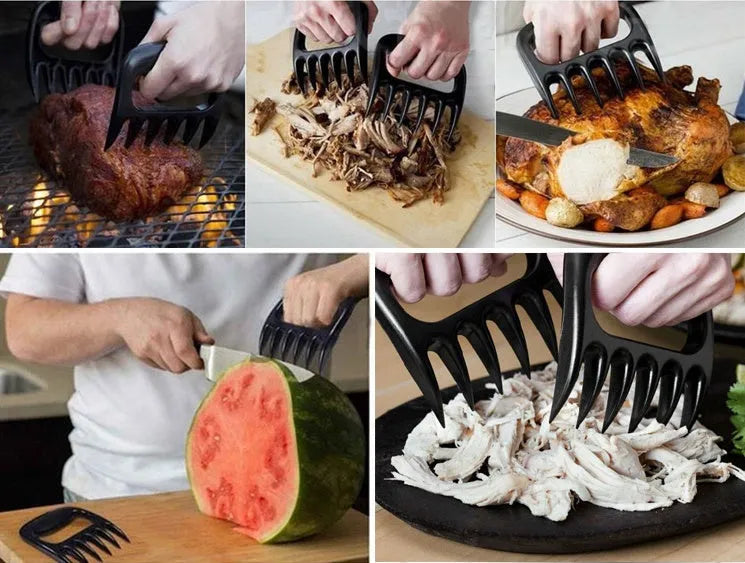Two black bear claw meat shredder forks with paw patterns for barbecue meat preparation