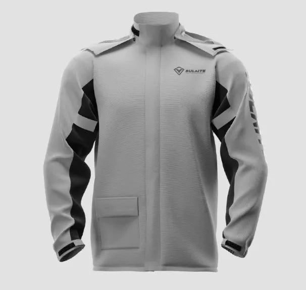 Motorcycle two-piece rain suit in black, including raincoat, rain pants, hidden shoe covers, and storage bag