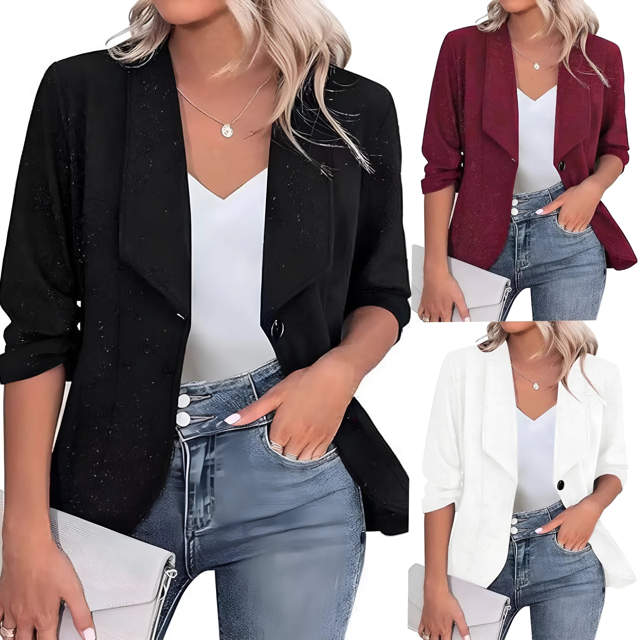 Slim-fitting black polyester suit jacket with long sleeves on a hanger.