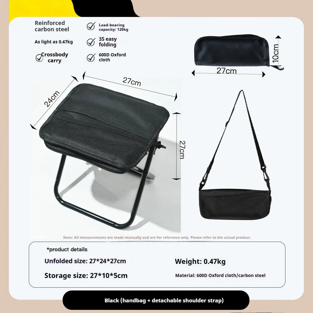 Lightweight foldable outdoor camp stool in khaki colour, shown in folded and unfolded positions.