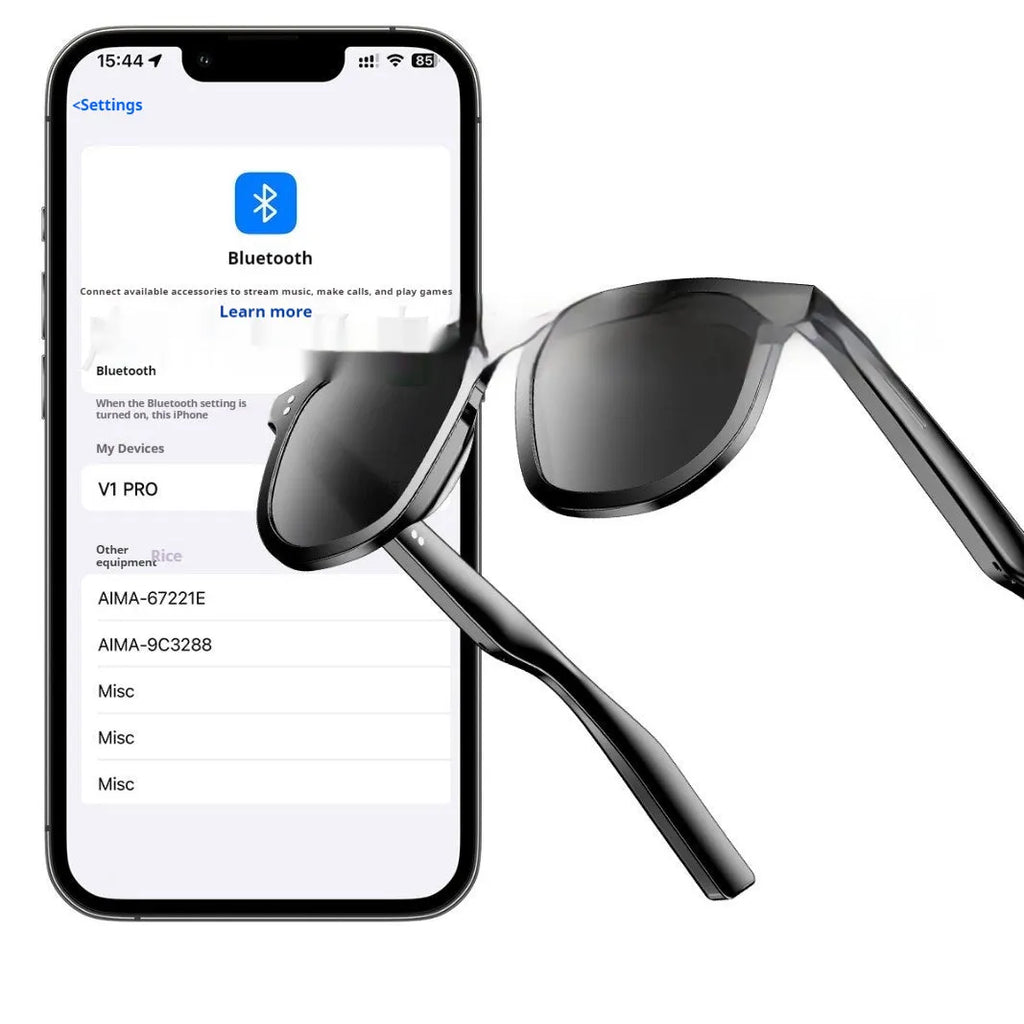 Black AI smart Bluetooth sunglasses with touch controls for hands-free calls and music.