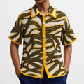 Khaki coloured hand-crocheted short sleeve cardigan with stripes and flocking texture