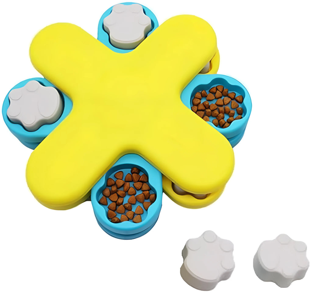 Yellow three-layer rotating dog puzzle feeder with anti-slip base for interactive feeding