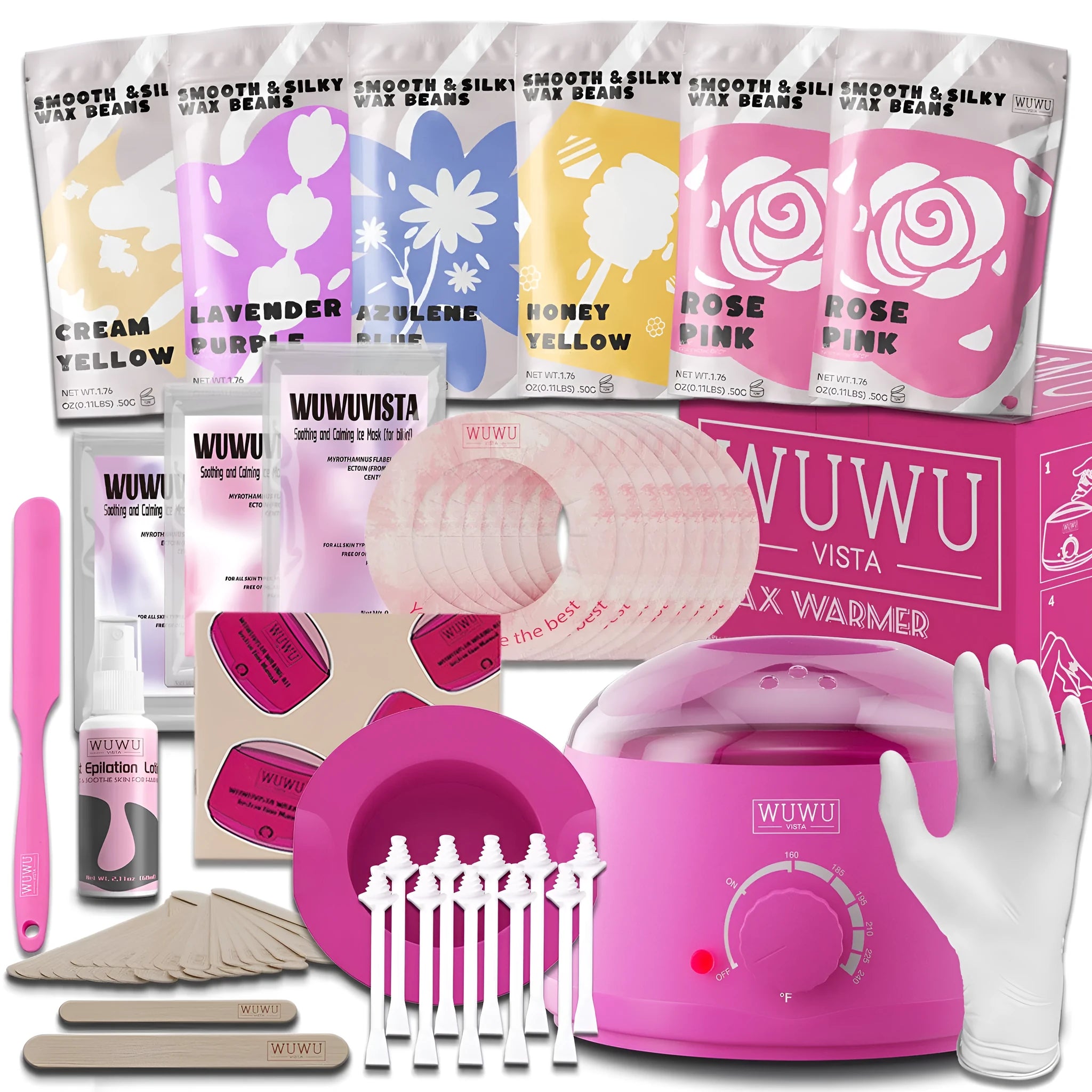 WUWUVISTA 56-piece professional waxing kit with wax warmer, coloured wax beads, applicators, and aftercare products.