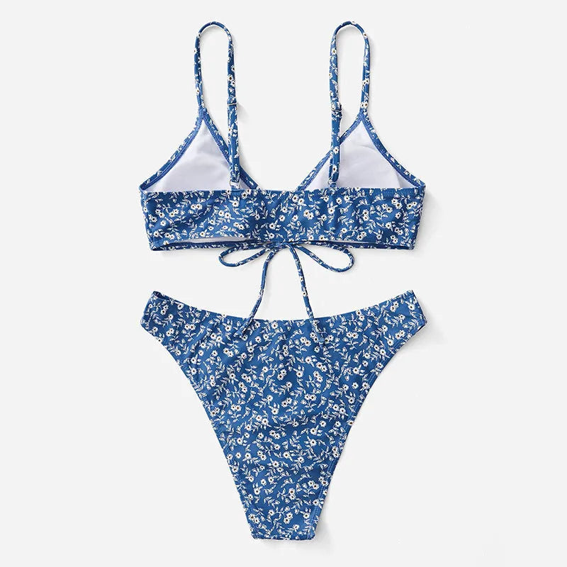 Blue polyester swimsuit set with separate top and shorts for swimming, no steel rings