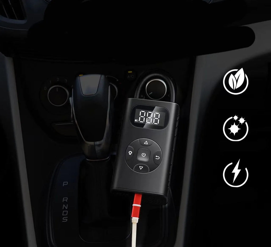Black M09X portable tyre inflator power bank with USB cable and 16cm hose on grey background