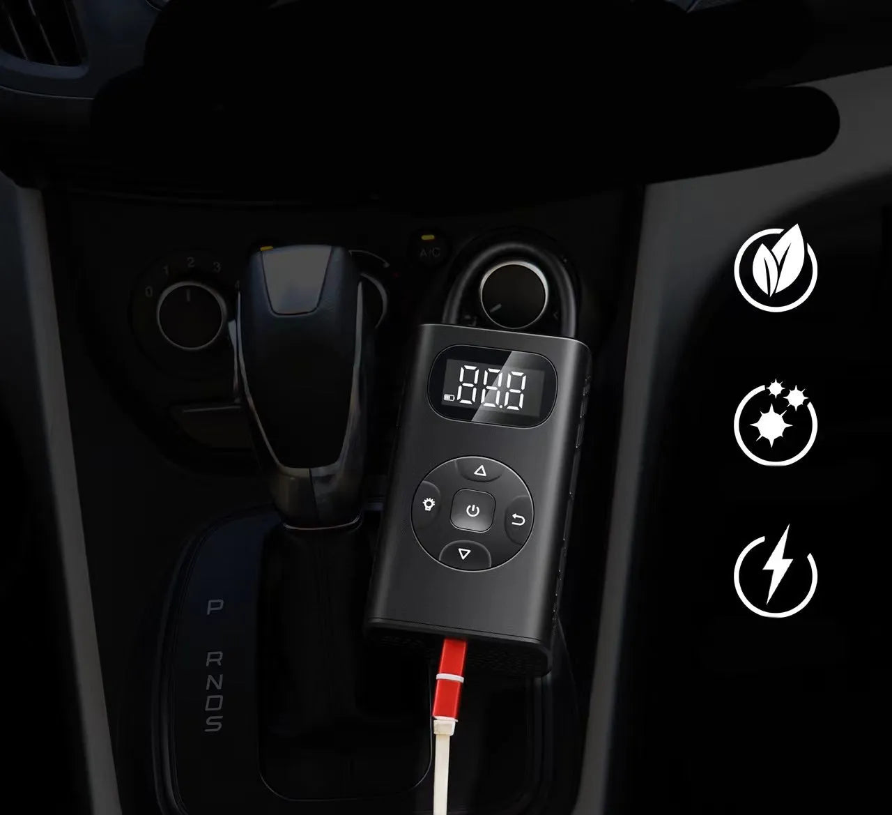 Black M09X portable tyre inflator power bank with USB cable and 16cm hose on grey background