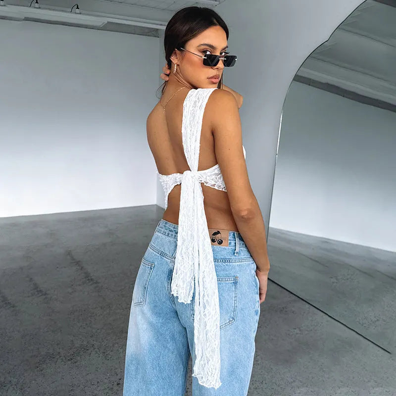 Women's lace backless vest top with asymmetrical neckline in solid colours