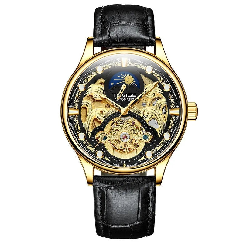 Men's gold leather strap automatic mechanical watch with waterproof case on wrist.