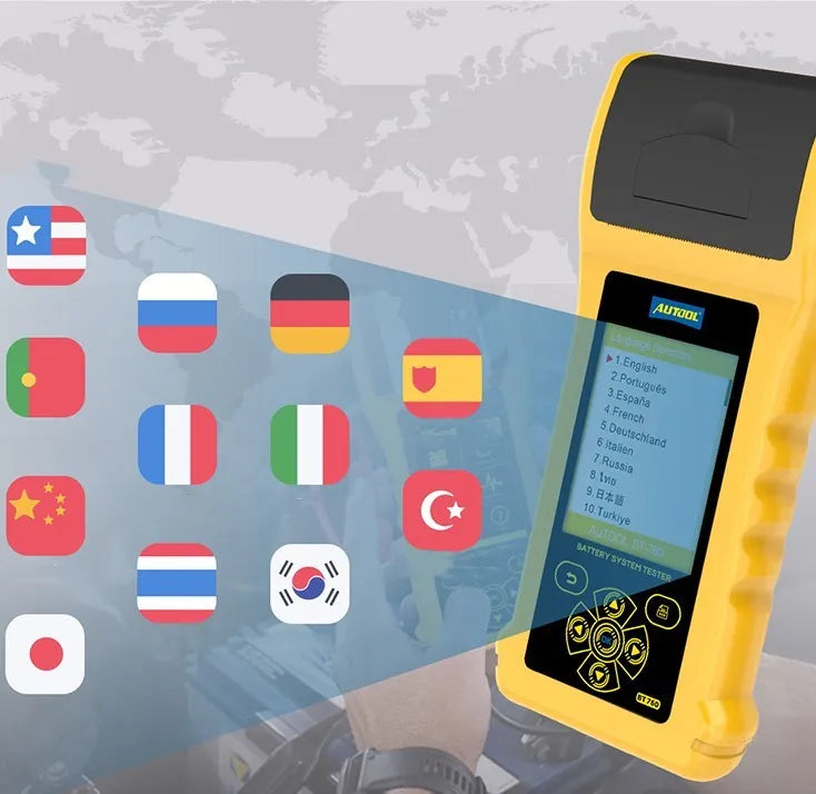 Autool BT760 digital vehicle battery tester with colour screen and battery clips.
