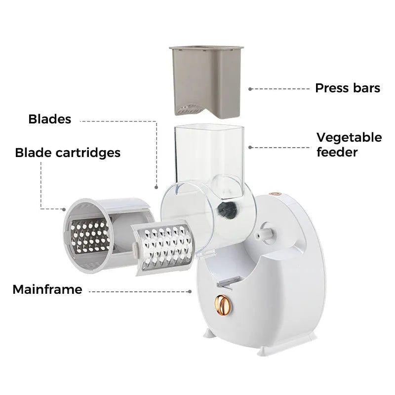 White electric vegetable slicer with rotary cutting mechanism and suction base for kitchen use
