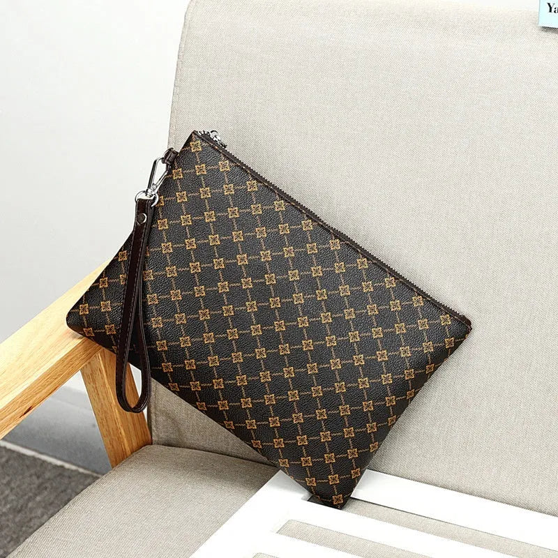 Men's PU leather gingham check clutch bag with soft carry handle and sandwich pocket