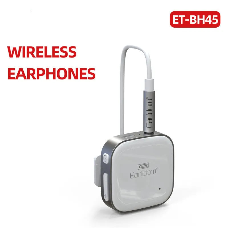 Black Bluetooth lavalier headset audio receiver unit with a 3.5mm headphone jack.