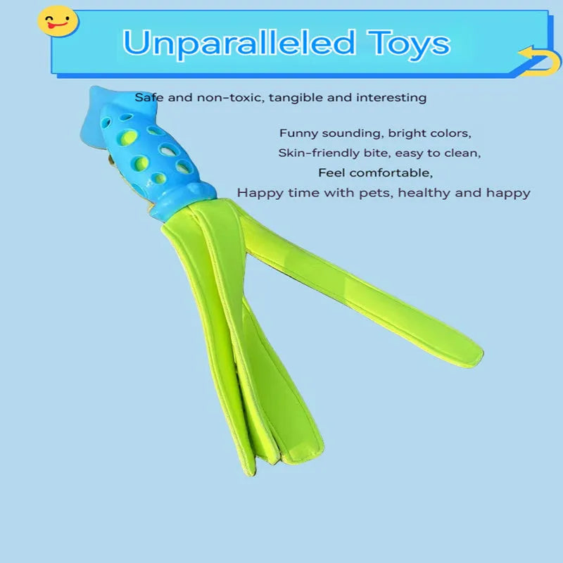 Blue cuttlefish-shaped squeaky dog chew toy, approximately 39cm long, made from rubber and cloth.