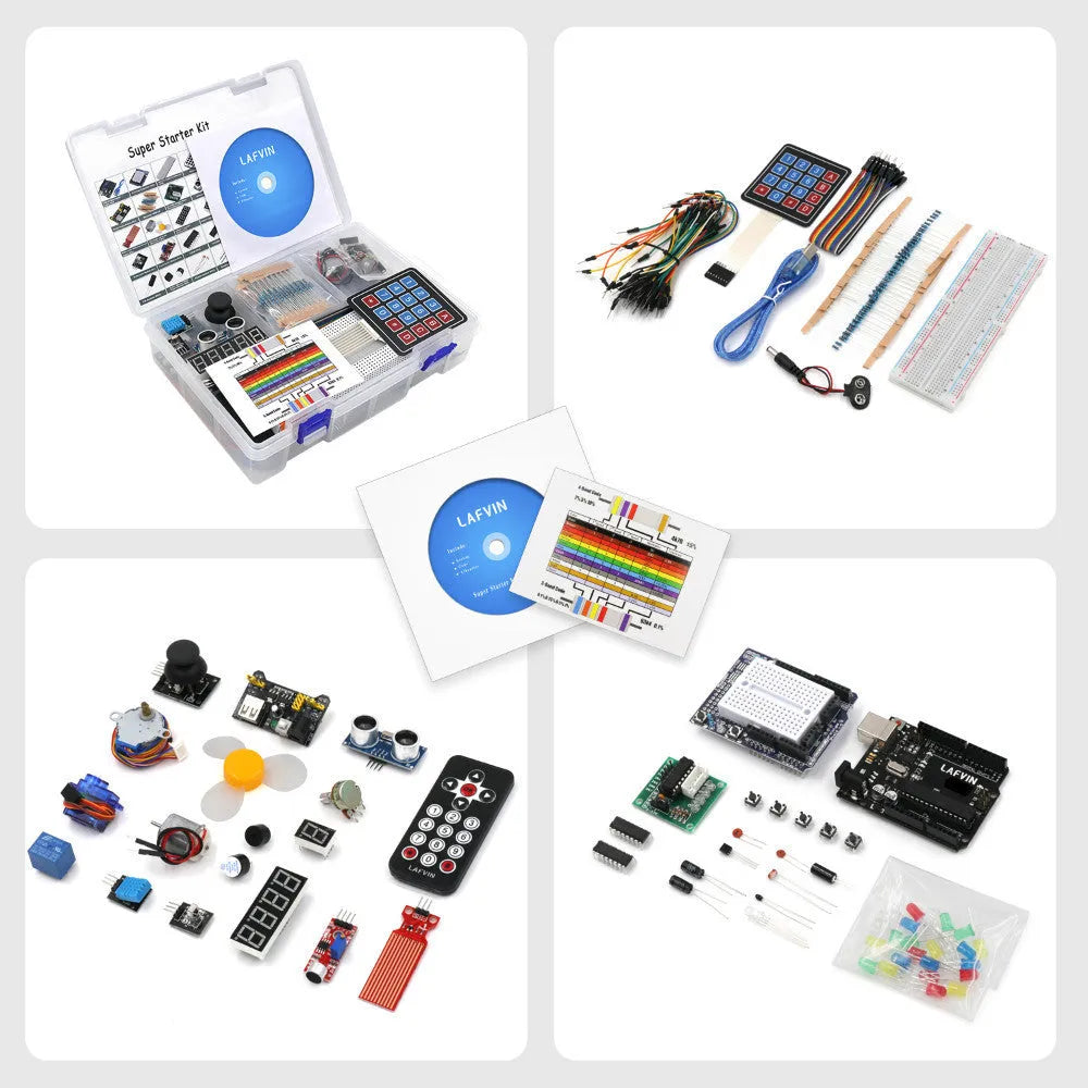 LAFVIN Arduino Super Starter Kit showing blue R3 board, breadboard, LEDs, sensors, motors, and components on a white background.