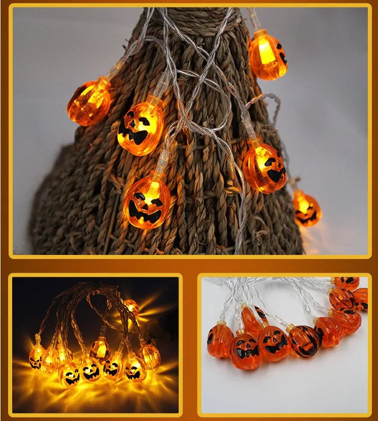 Halloween LED string lights with pumpkin, ghost, and bat decorations on a 1.2m white wire.