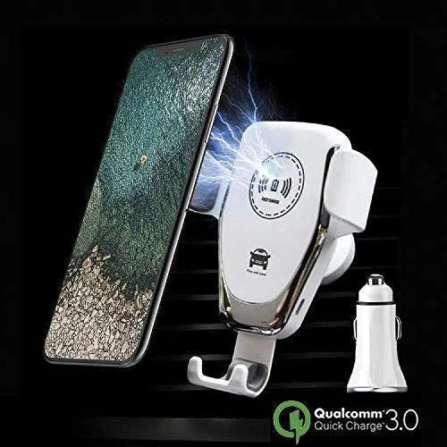 Black car wireless charger mounted on dashboard with iPhone secured in automatic clamp