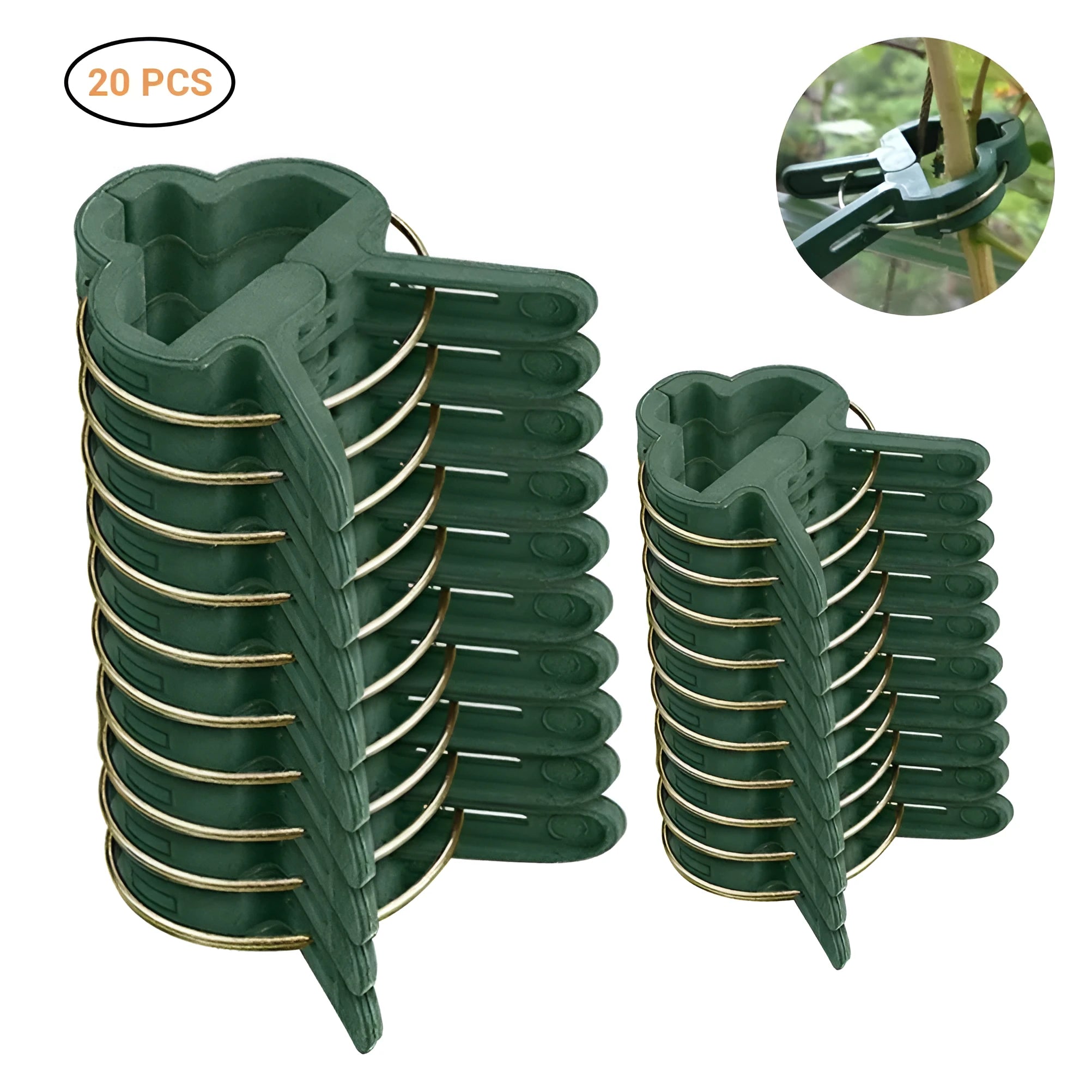Green plastic and zinc plant fixing clips in large and small sizes for garden vine support.