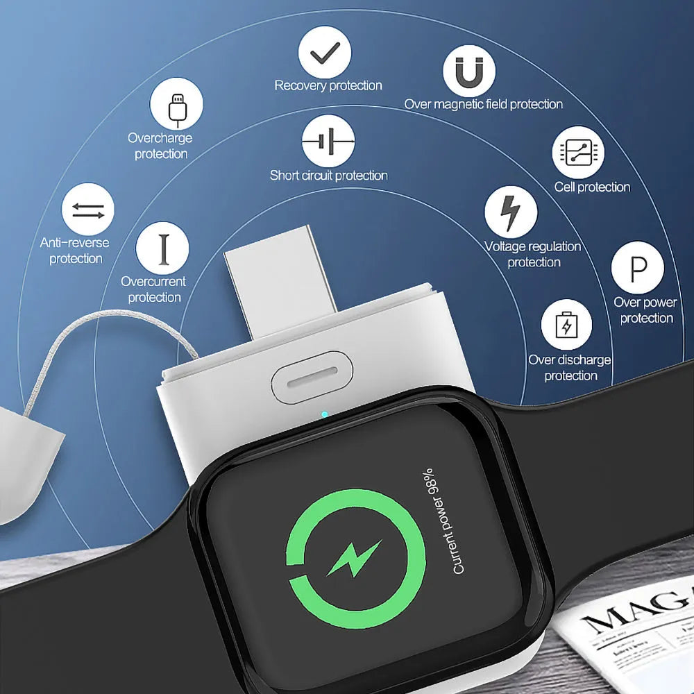 Small white magnetic wireless portable charger for Apple Watch showing size and Micro USB port