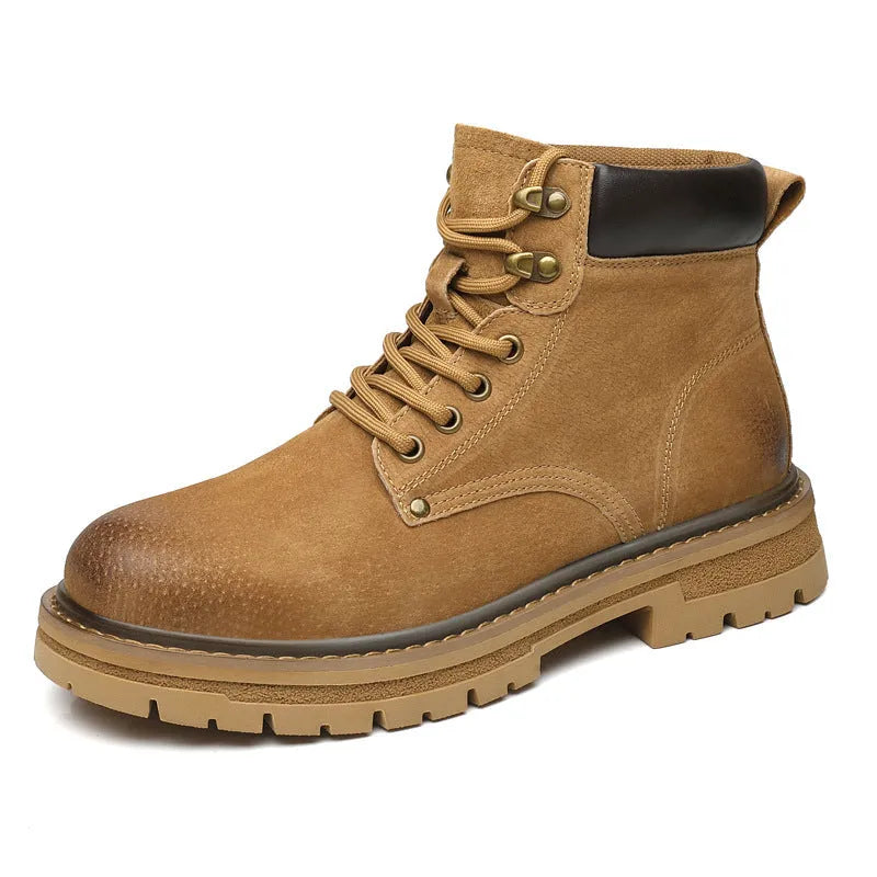 Men's British workwear style hiking boots brown frosted finish rubber sole lace-up round toe