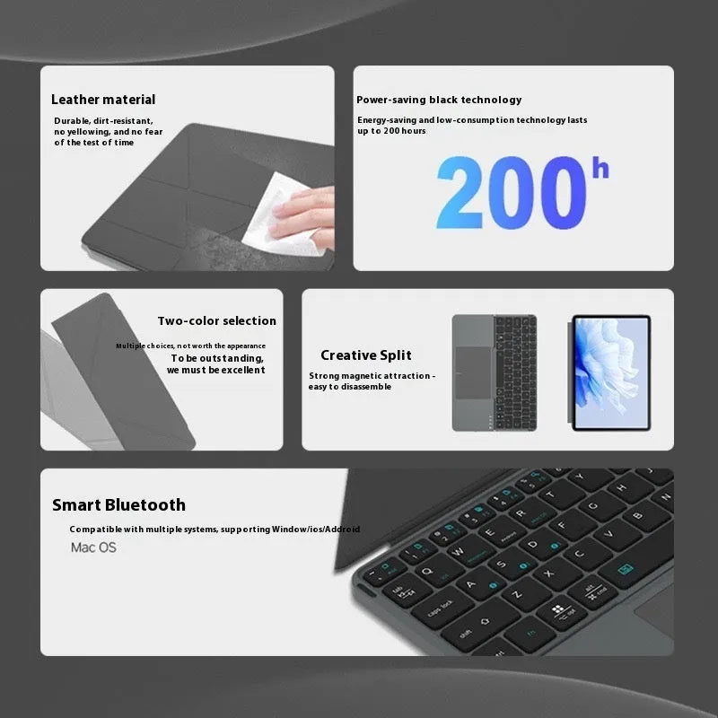 Grey folding wireless Bluetooth keyboard shown in both folded and unfolded positions