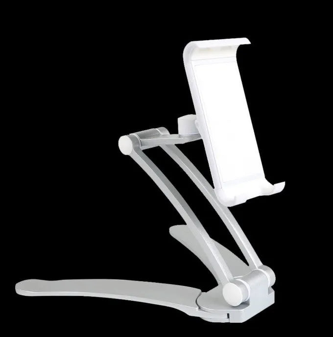 Silver and black aluminium alloy desktop tablet stand with adjustable arm and dual clamps.