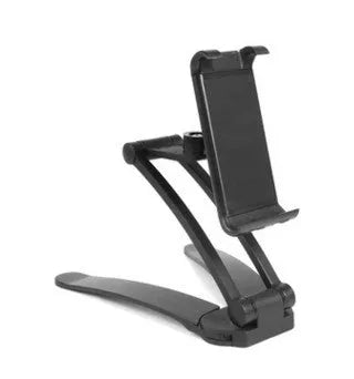 Silver and black aluminium alloy desktop tablet stand with adjustable arm and dual clamps.