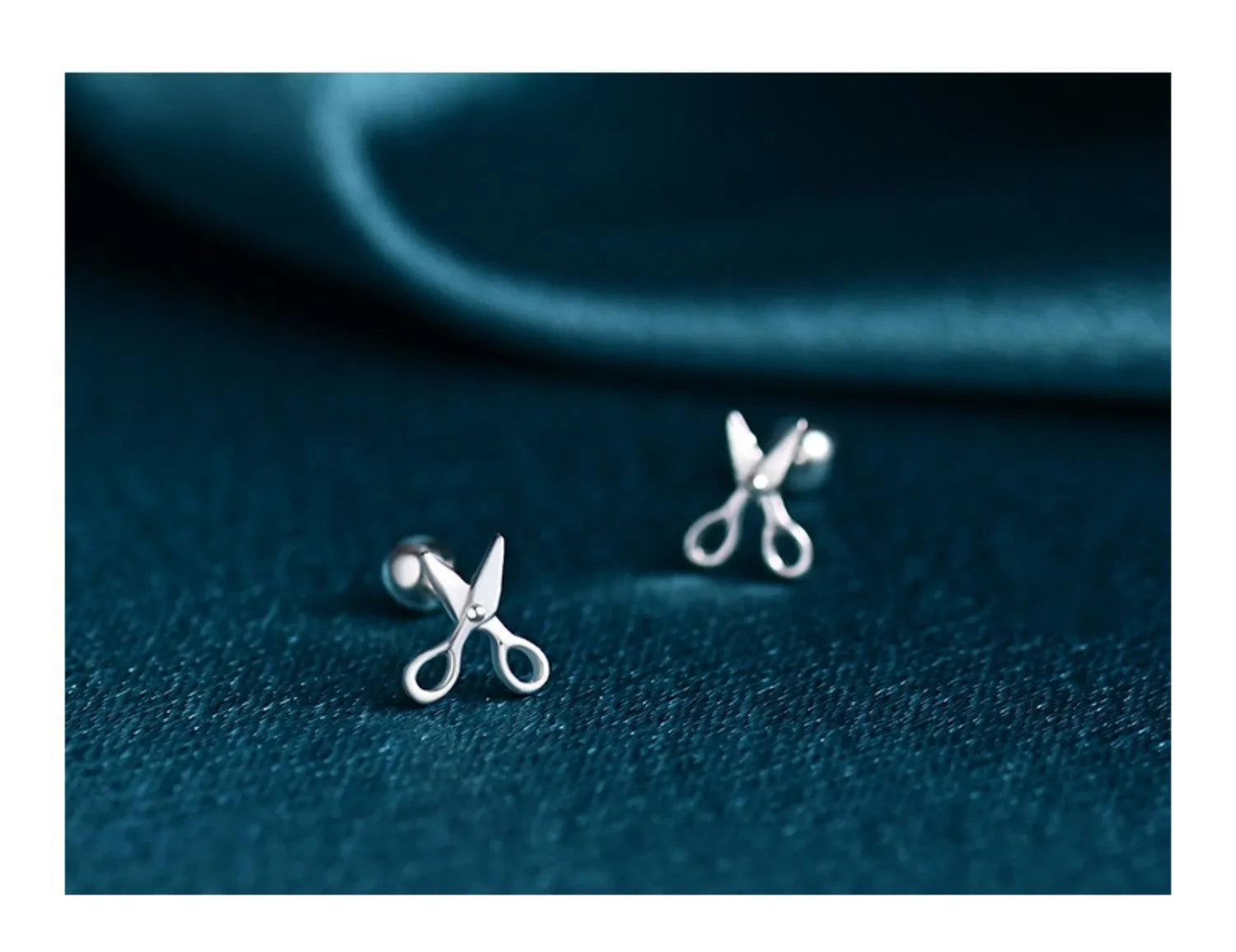 Pure silver screw style ear nail earrings with miniature scissors decorative detail