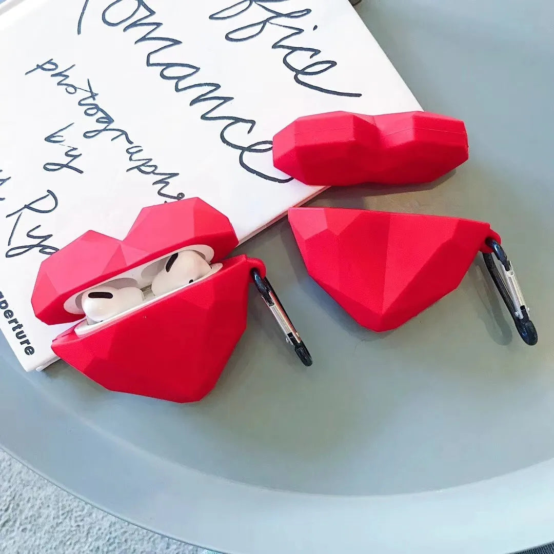 Red diamond love heart design silicone protective case for Apple AirPods wireless headphones
