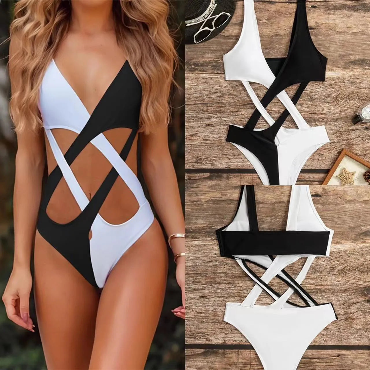 White women's one-piece swimsuit with colour block design and hollow out pattern