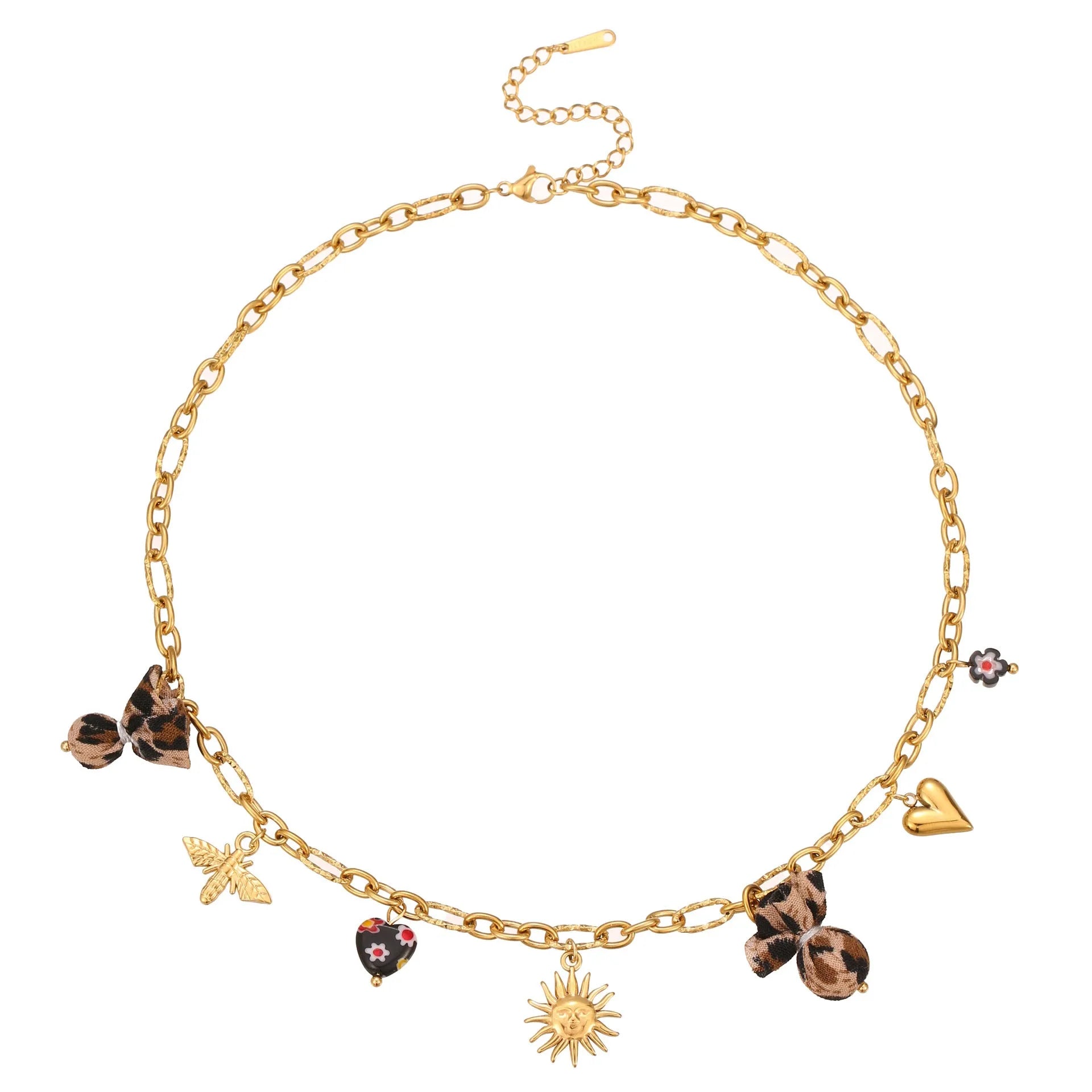 Gold plated stainless steel necklace with geometric leopard, heart, and flowers pendant on adjustable chain