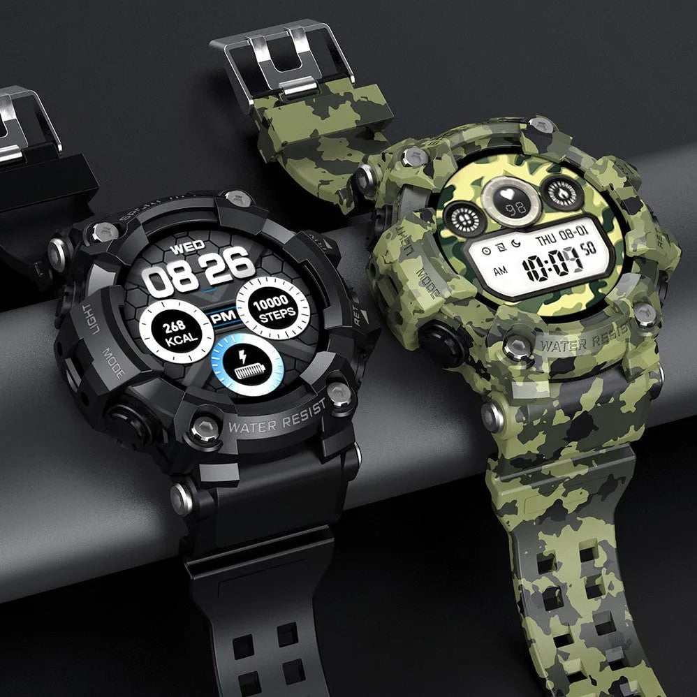 T6 Tactical Rugged Smart Watch with black or green anti-sweat strap on wrist, showing 1.3-inch screen.