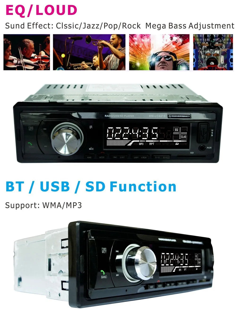Car stereo receiver with Bluetooth, USB port, SD card slot and auxiliary input for vehicle audio