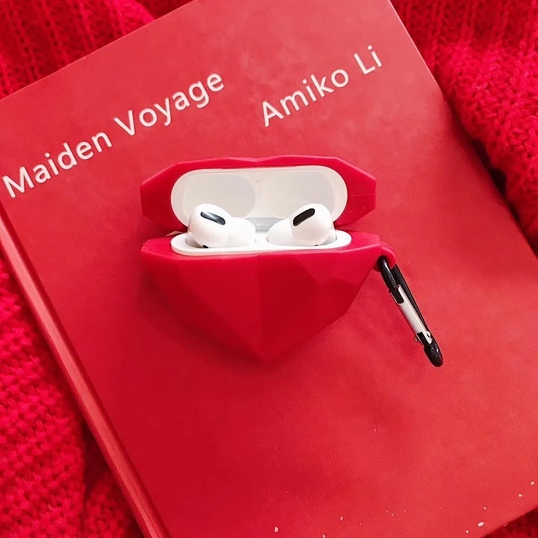 Red diamond love heart design silicone protective case for Apple AirPods wireless headphones