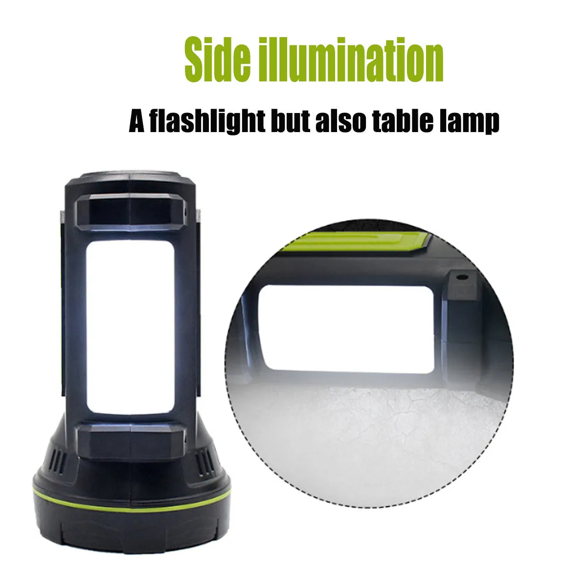 Green USB rechargeable super bright LED flashlight with long-range beam on a table.