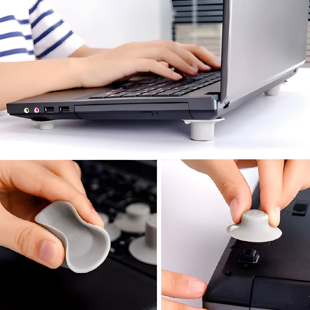 Four grey plastic non-slip cooling pads for laptops, shown in two different sizes.